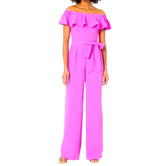 Lilly Pulitzer Pants - Lilly Pulitzer Jood off the shoulder Jumpsuit fuchsia pink Barbie vacation 12